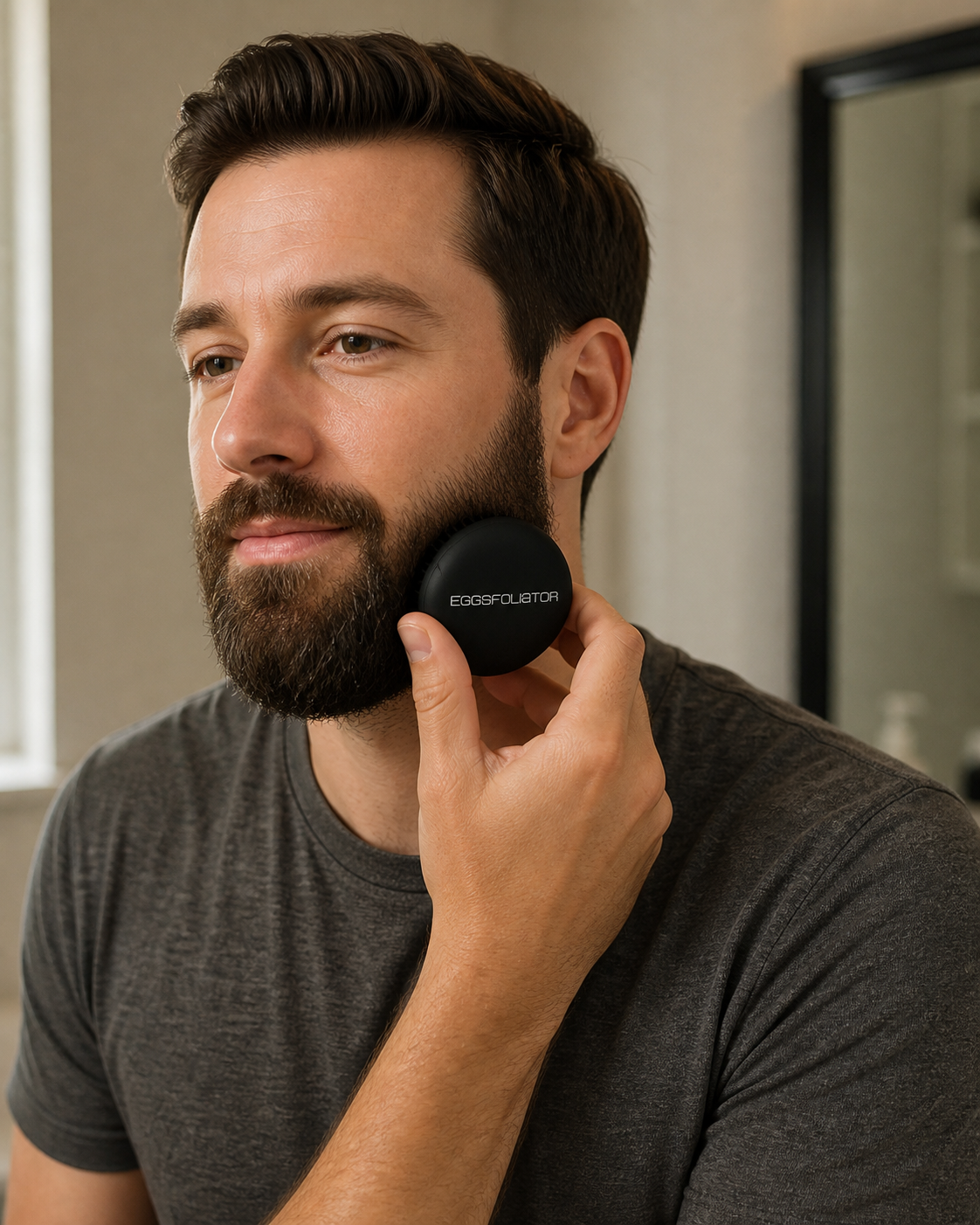 Black Eggsfoliator being used to brush a man's beard